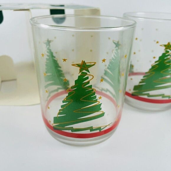 3 Libbey Christmas Tree Drinking Glasses Green Gold Stars Red Stripe In Holder - Picture 4 of 7